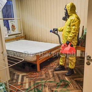 Дезинфектор в полной защите обрабатывает матрас в жилой комнате