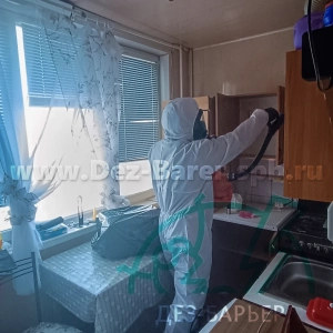 Дезинсектор обрабатывает внутреннюю часть кухонного шкафа