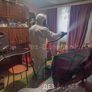 дезинсектор в защитном костюме и респираторе обрабатывает комнату